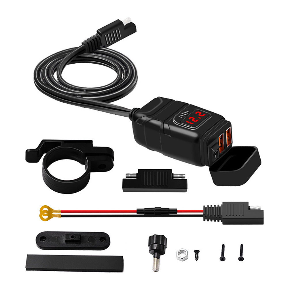 Dual USB Port Motorcycle Fast Charger Socket Suitable For Motorcycles – With LED Voltmeter Display & ON/OFF Switch-0