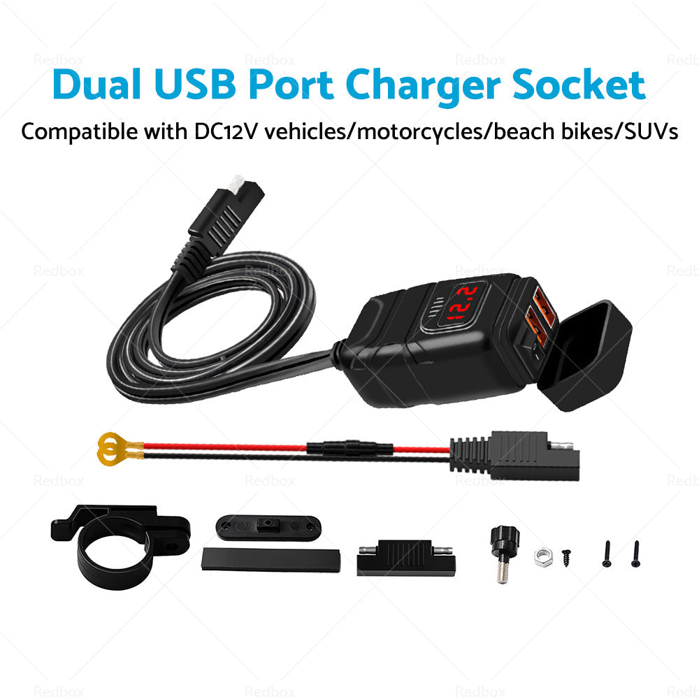Dual USB Port Motorcycle Fast Charger Socket LED Voltmeter Display ON OFF Switch