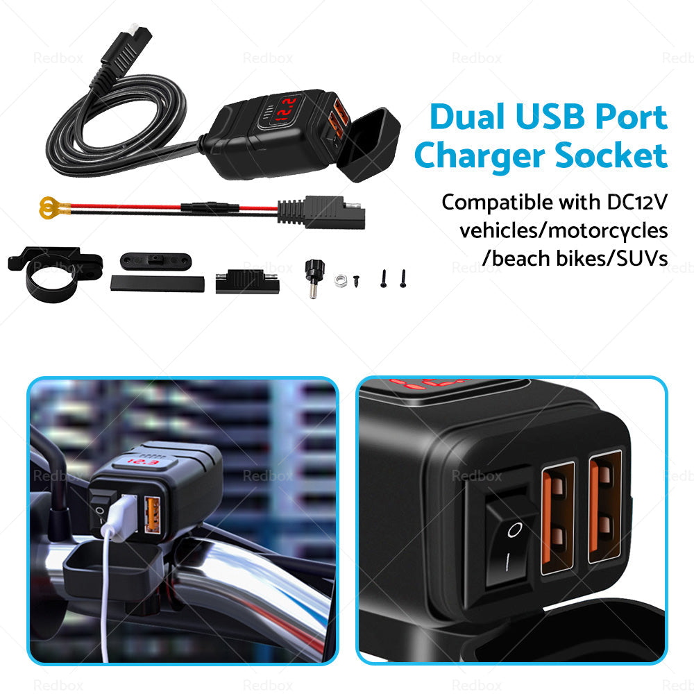 Dual USB Port Motorcycle Fast Charger Socket LED Voltmeter Display ON OFF Switch