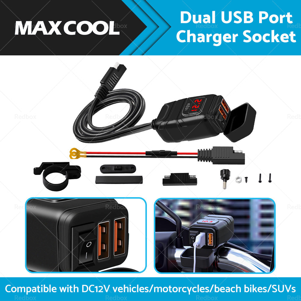 Dual USB Port Motorcycle Fast Charger Socket LED Voltmeter Display ON OFF Switch