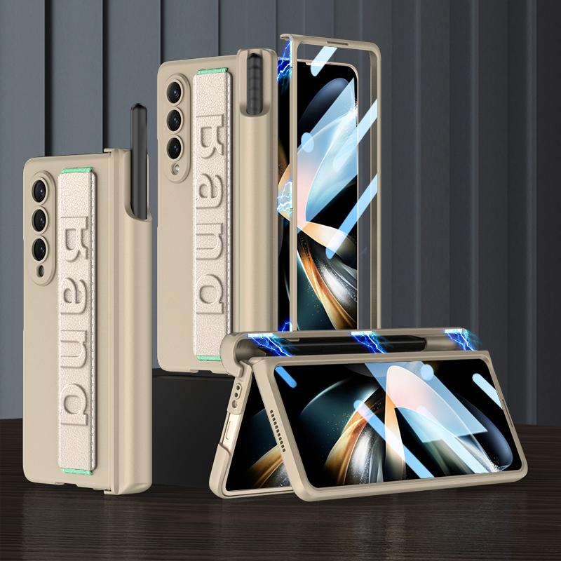 NNEDSZ Samsung Galaxy Z Fold 4 Shockproof Magnetic Fold Case With Wrist Strap - Gold