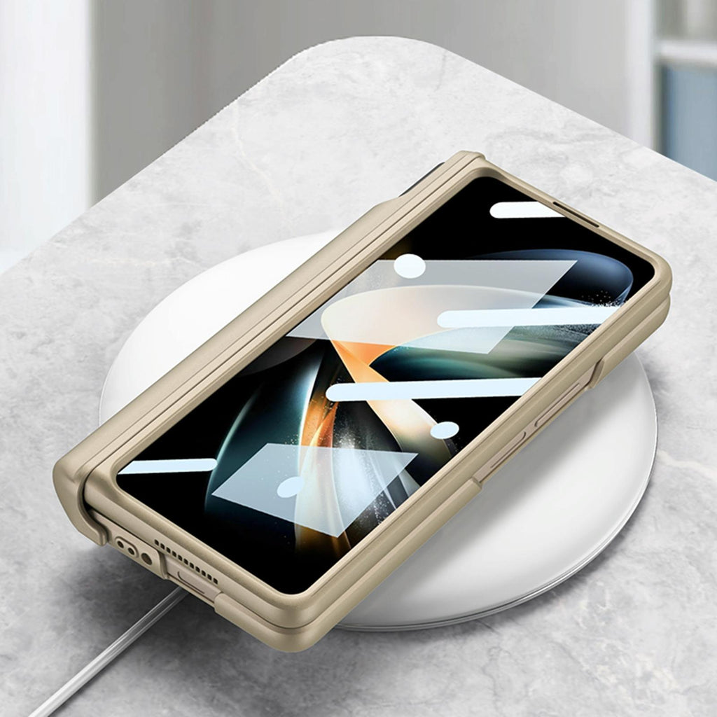 NNEDSZ Samsung Galaxy Z Fold 4 Shockproof Magnetic Fold Case With Wrist Strap - Gold