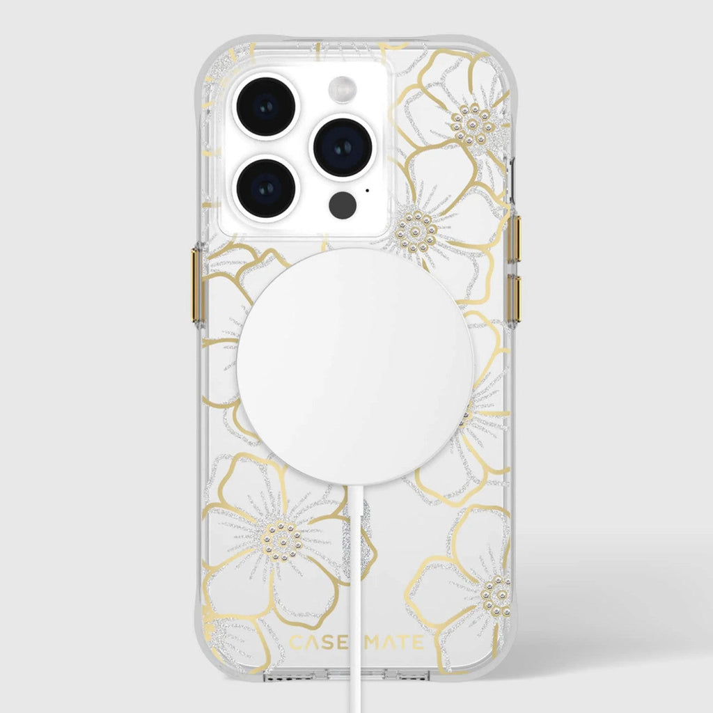 NNEDSZ Case-Mate Floral Gems MagSafe Case For iPhone 15 Pro - Gold