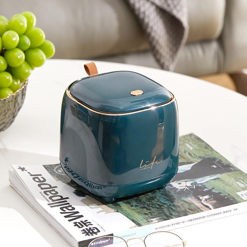 NNEDSZ Green Desktop Trash Bin with Lid - Press-Down Design, Portable for Car and Home Use