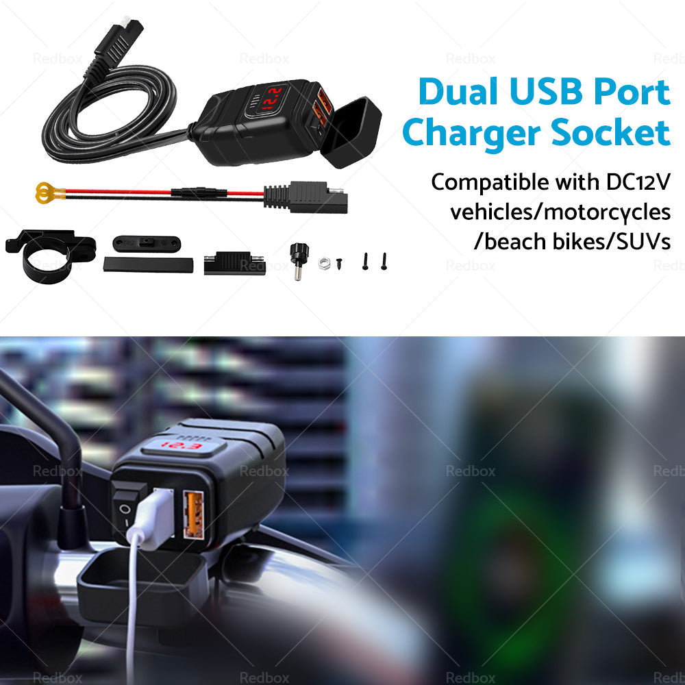 Dual USB Port Motorcycle Fast Charger Socket LED Voltmeter Display ON OFF Switch
