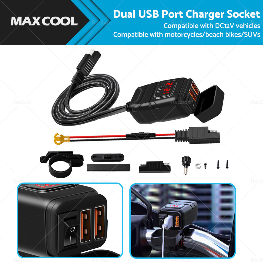 Dual USB Port Motorcycle Fast Charger Socket LED Voltmeter Display ON OFF Switch