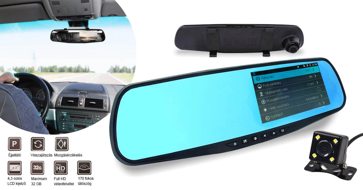 Event recording camera and reversing camera built into the rearview mirror, Hungarian menu